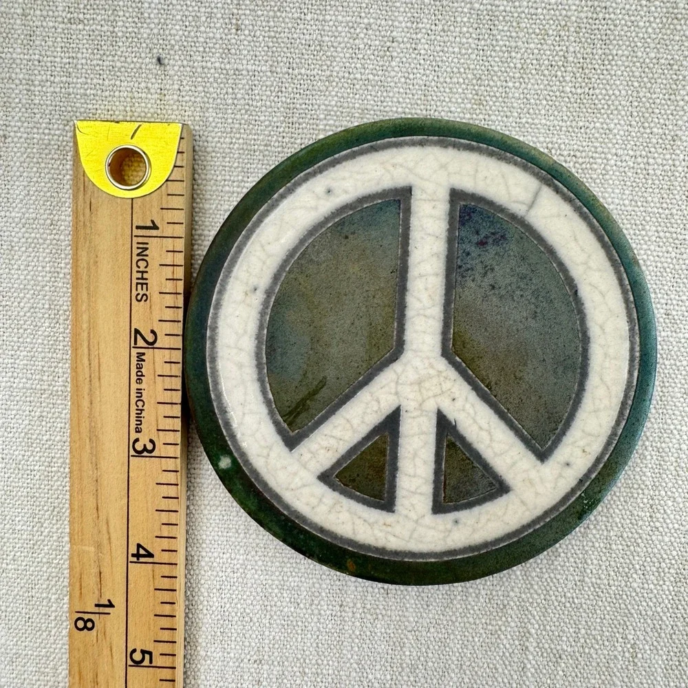 Jeremy Diller Raku Pottery Peace Sign Coaster Trivet Signed Handmade 4